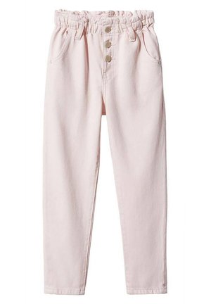 Jasnoróżowe dżinsy z elastycznym, marszczonym paskiem w talii, zapięciem na trzy guziki oraz dwoma kieszeniami po bokach. Design zwężanych nogawek.