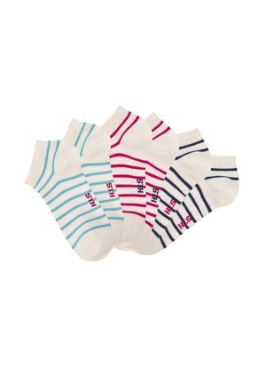 Fünf Paar weiße Knöchelsocken mit horizontalen Streifen in Blau, Pink und Schwarz, jedes Paar mit dem "HIS"-Logo in Rot.