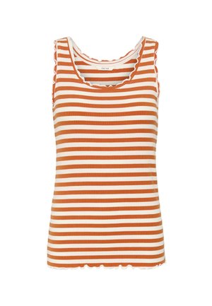 Débardeur à côtes sans manches avec des rayures horizontales orange et crème, bords festonnés au niveau de l'encolure, des manches et de l'ourlet.