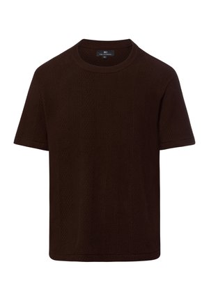 Dark brown short-sleeve knit sweater with crew neckline and subtle textured vertical pattern, labeled Nils Sundström.