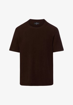 Dunkelbrauner kurzärmeliger Strickpullover mit Rundhalsausschnitt und dezent texturiertem vertikalem Muster, mit dem Etikett Nils Sundström.