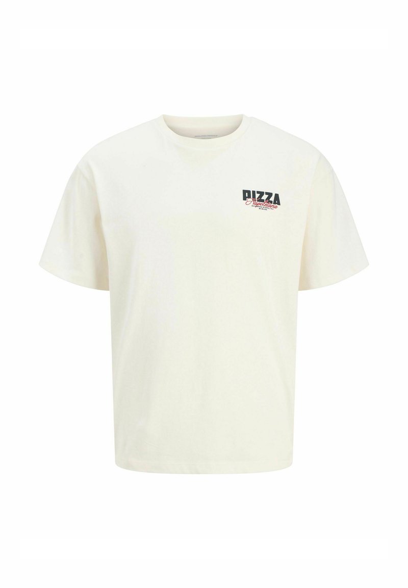 Biała bawełniana koszulka z okrągłym dekoltem, krótkimi rękawami i małym, trzykolorowym napisem "PIZZA" na lewej piersi.