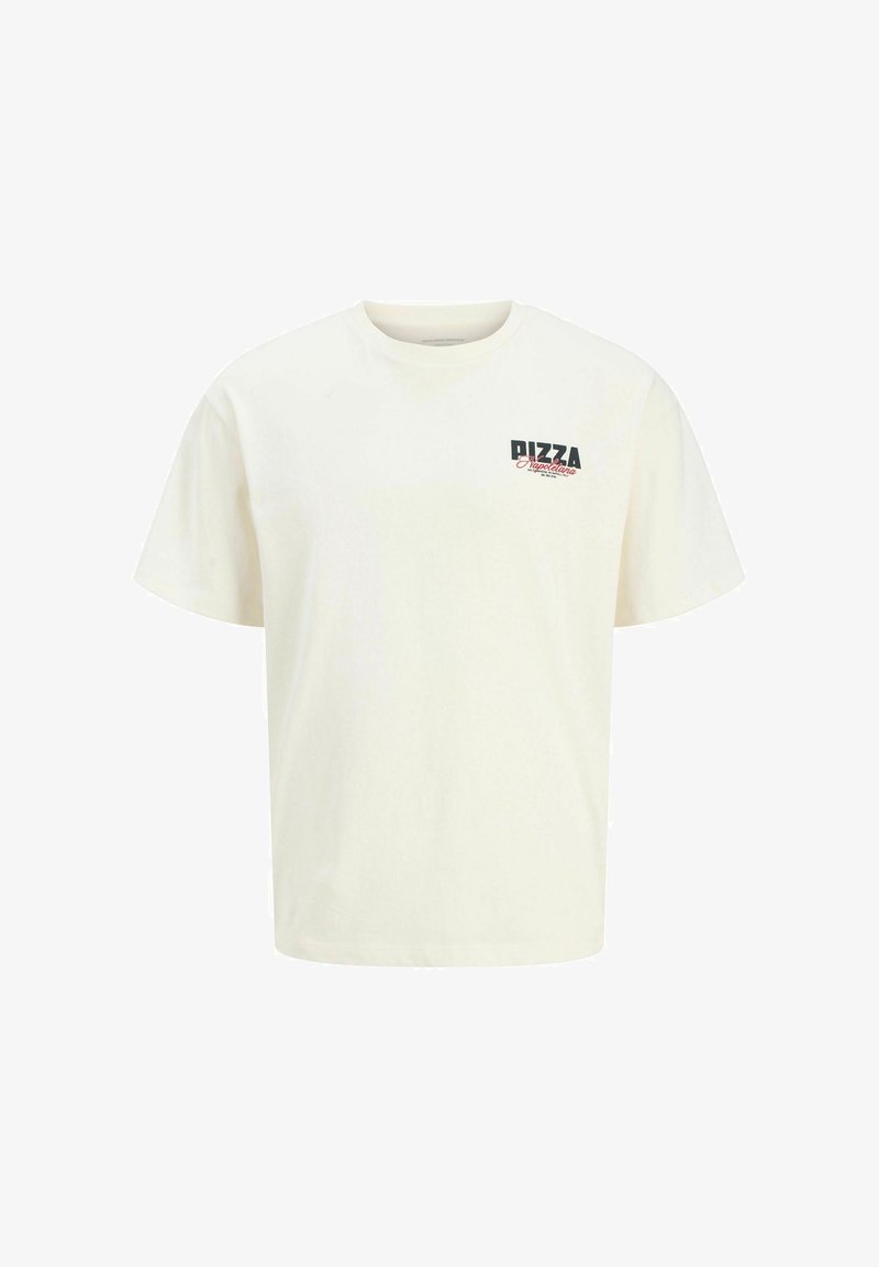 Biała bawełniana koszulka z okrągłym dekoltem, krótkimi rękawami i małym, trzykolorowym napisem "PIZZA" na lewej piersi.