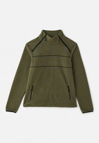 Olive green fleece pullover with two front zip pockets, high collar, and black zipper details across chest and shoulders.