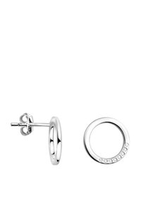 Silverörhängen i ringform med en slät, polerad design och en rad små ädelstenar längs kanten, fästa med stiftbakstycke.