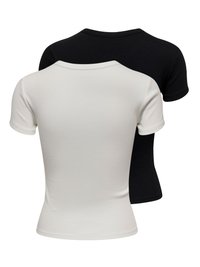 Deux t-shirts unis à col rond et manches courtes, un blanc à l'avant et un noir à l'arrière, présentés sur un fond blanc.