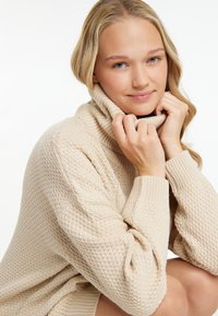 Pulover tricotat bej deschis, cu guler înalt, model texturat și mansete elastice, având mâneci largi și o croială lejeră.