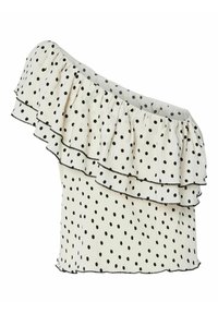 Off-the-shoulder top with black polka dots on an off-white fabric. Features ruffled tiers and black trim along the edges.