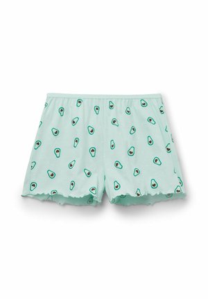 Shorts vert clair avec petits motifs avocat et ourlets festonnés, à plat sur fond blanc.