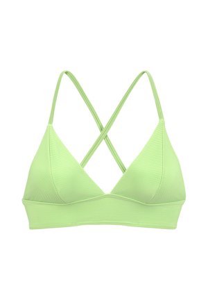 Light green ribbed fabric bralette with triangle cups and thin straps crossing at the back.