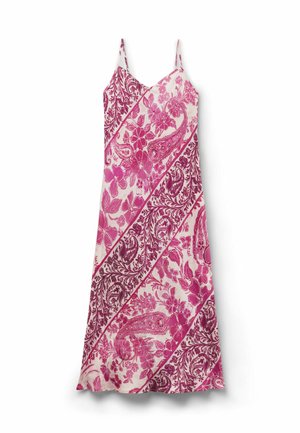Sleeveless V-neck dress with thin straps, featuring pink floral and paisley diagonal patterns on a white background.
