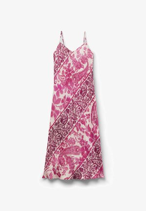 Sleeveless V-neck dress with thin straps, featuring pink floral and paisley diagonal patterns on a white background.