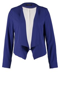 Blå kavaj med långa ärmar och öppen framkant, med vit innerfoder och en flödande design. Mjuk tyg med en slät textur.