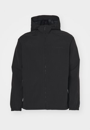 Black zip-up jacket with a hood. Features elastic cuffs, a textured surface, and a subtle logo on the chest. Lightweight design.