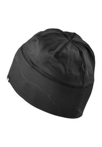 Black beanie hat made from smooth, stretch fabric. Features a gathered top, flat seams, and a small brand label on the side.