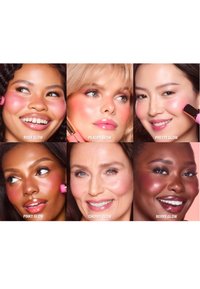 Sechs Gesichter, die verschiedene Rouge-Töne zeigen: rosig, pfirsichfarben, hübsch, rötlich, kirschrot und beerig. Jedes Modell hat eine strahlende Haut und dezentes Makeup.