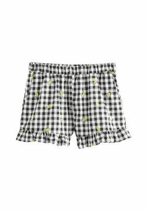 Black and white checkered shorts with yellow lemon embroidery and ruffled hems, featuring an elastic waistband for comfort.