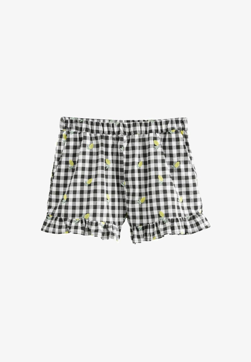 Short à carreaux noir et blanc avec broderie de citron jaune et ourlets à volants, doté d'une ceinture élastique pour le confort.