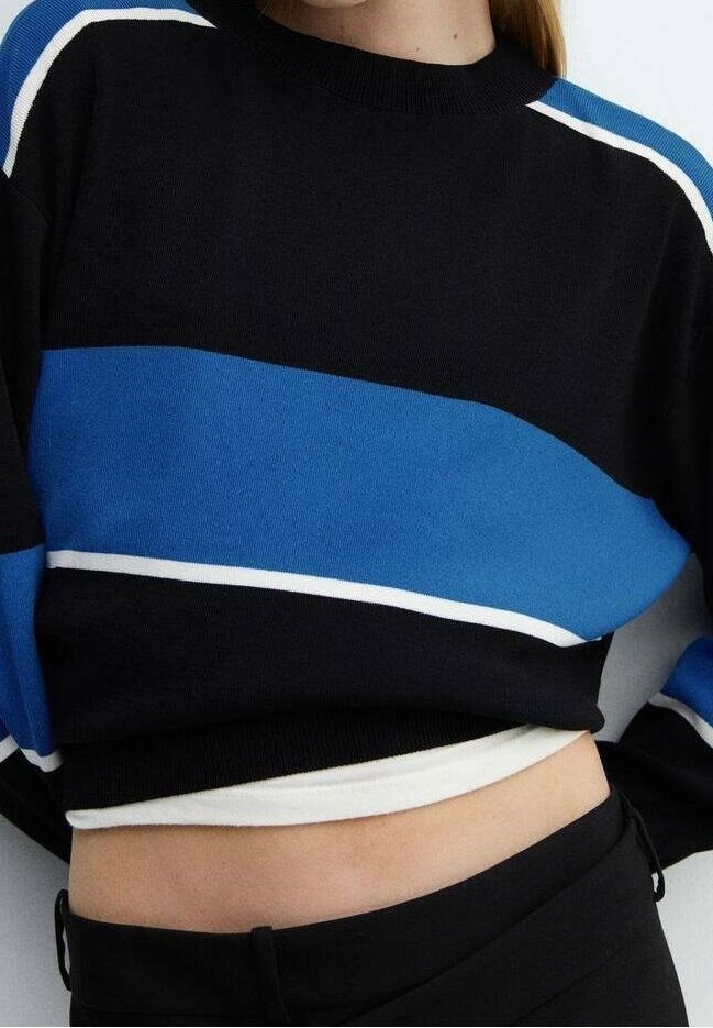 Pull rayé noir et bleu avec des accents blancs, présentant un col rond et un design raccourci, fabriqué en matière tricotée douce.