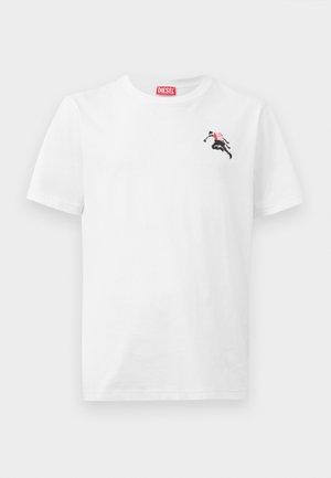 White cotton t-shirt with short sleeves and a round neckline. Features a black and red graphic design on the left chest area.