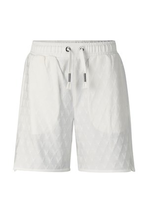 Witte korte broek met elastische taille, trekkoord, subtiel getextureerd diamantenpatroon, steekzakken aan de voorkant en een rechte zoom.