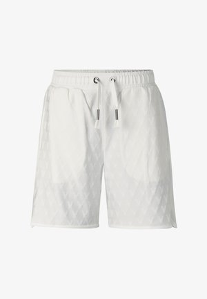 Witte korte broek met elastische taille, trekkoord, subtiel getextureerd diamantenpatroon, steekzakken aan de voorkant en een rechte zoom.