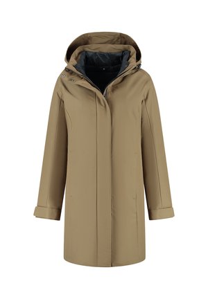 Halflange tan kleurige hooded jas met rits en drukknoopsluiting aan de voorkant, lange mouwen en zwarte voering die zichtbaar is bij de kraag.