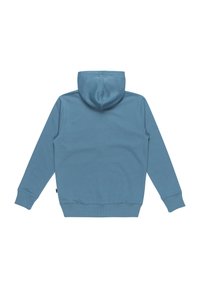Hoodie van een zachte, middelblauwe stof. Voorzien van een kangaroozak, ribgebreide manchetten en zoom. Achteraan is de textuur glad.
