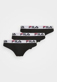 Crne ženske gaćice s elastičnim bijelim pojasom na kojem se nalazi crveno-plavi FILA logo. Paket sadrži tri para, izrađene od pamuka, klasičnog kroja.