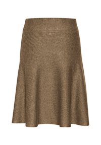 Bruine klokrok van textiel met een structuur. Kenmerkt zich door een gladde tailleband en een knielange snit, geschikt voor casual of semi-formele gelegenheden.