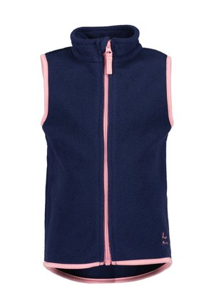 Marineblå fleece veste uden ærmer med lyserød lynlås og kant, høj krave og let forlænget bagkant.
