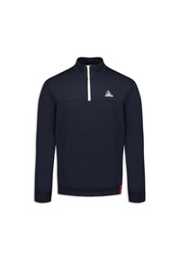 Pullover navy con zip a quarto, caratterizzato da una cerniera bianca e un piccolo logo sul petto. Tessuto liscio con polsini e orlo a costine.