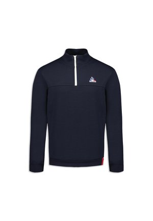 Navy pullover with a quarter zip, featuring a white zipper and a small logo on the chest. Smooth fabric and ribbed cuffs and hem.