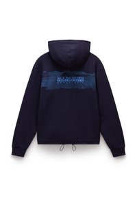 Sweat à capuche bleu marine avec un motif texturé bleu au dos. Présente un ourlet avec cordon de serrage et une grande capuche. Texture de tissu lisse.