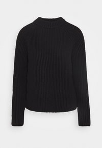 Schwarzer Strickpullover mit gerippter Textur, hoher Kragen und langen Raglanärmeln. Schlichtes Design, keine Muster oder sichtbaren Beschläge.