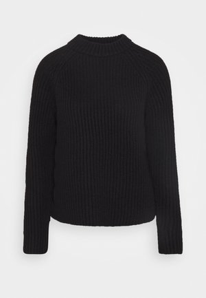 Black knitted sweater with a ribbed texture, featuring a high neck and long raglan sleeves. Simple design, no patterns or visible hardware.