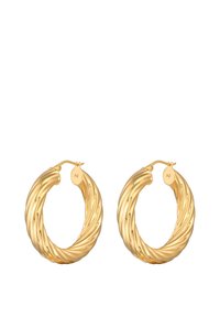 Vergoldete Metall-Ohrringe in Form von Ringen mit einem gedrehten Design und glänzender Oberfläche. Mit einem Scharnierverschluss und einem kleinen "Ag"-Gravur an der Seite.