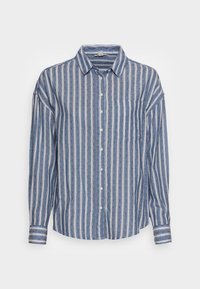 Camicia a maniche lunghe a righe blu e bianche con apertura frontale a bottoni, colletto e taschino sul petto decorato con piccole pois. Tessuto in cotone.