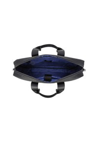 Maletín negro con forro interior azul, cremallera abierta y dos asas negras de transporte.