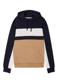 Felpa con cappuccio caratterizzata da una combinazione di colori blu navy, bianco e beige, con una tasca frontale e un logo testurizzato sulla parte anteriore.