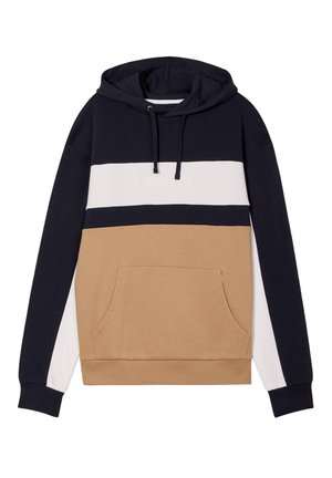 Gevoerde sweatshirt met een mix van marineblauw, wit en tan kleuren, voorzien van een voorzak en een getextureerd logo-detail op de borst.