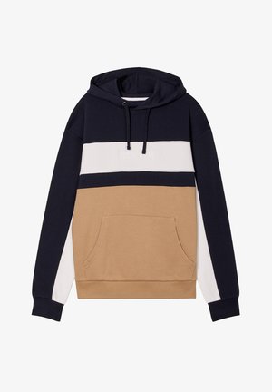 Gevoerde sweatshirt met een mix van marineblauw, wit en tan kleuren, voorzien van een voorzak en een getextureerd logo-detail op de borst.