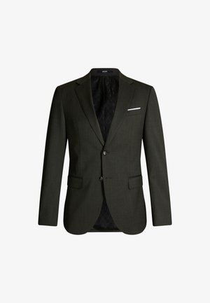 Dunkelgrüner maßgeschneiderter Herrenblazer mit zwei Knöpfen, Reverskragen, Klappentaschen und einem weißen Taschen Quadrat in der Brusttasche.