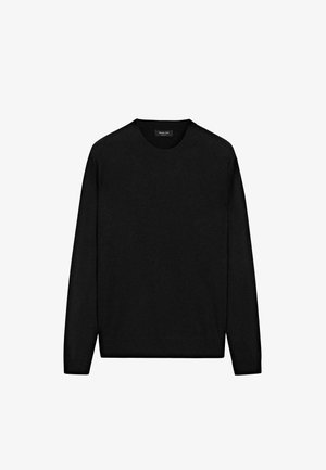 Schwarzer Pullover aus weichem Stoff, mit rundem Ausschnitt, langen Ärmeln und geradem Saum. Keine Muster oder sichtbaren Beschläge.