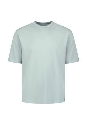 Hellgraues unifarbenes Kurzarm-T-Shirt mit Rundhalsausschnitt, frontseitig auf weißem Hintergrund gezeigt.