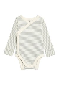 Lehký body s dlouhým rukávem z měkké bavlny. Má světle zelený a bílý pruhovaný vzor s krémovými akcenty a zapínáním na druky.