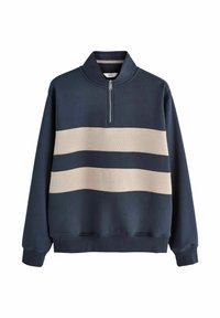 Navy blue sweatshirt with a quarter-zip collar, featuring three horizontal stripes in light beige across the chest. Soft texture, casual design.