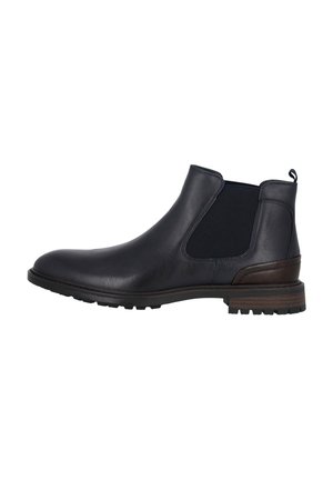 Dunkelblaue Leder-Stiefelette mit elastischen Seitenpanelen, runder Spitze und braunem Kontrastabsatz. Verfügt über eine strukturierte Außensohle für guten Halt.