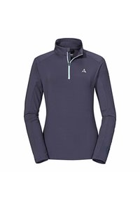 Jersey de manga larga en color navy con cuello tipo half-zip, detalle de cremallera en azul claro y un logo sutil en el pecho. Textura de tela suave y lisa.