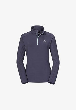 Tmavě modrý pulovr s dlouhým rukávem a krkem na polo-zip, světle modrý zipový akcent a decentní logo na hrudi. Měkká a hladká textura látky.